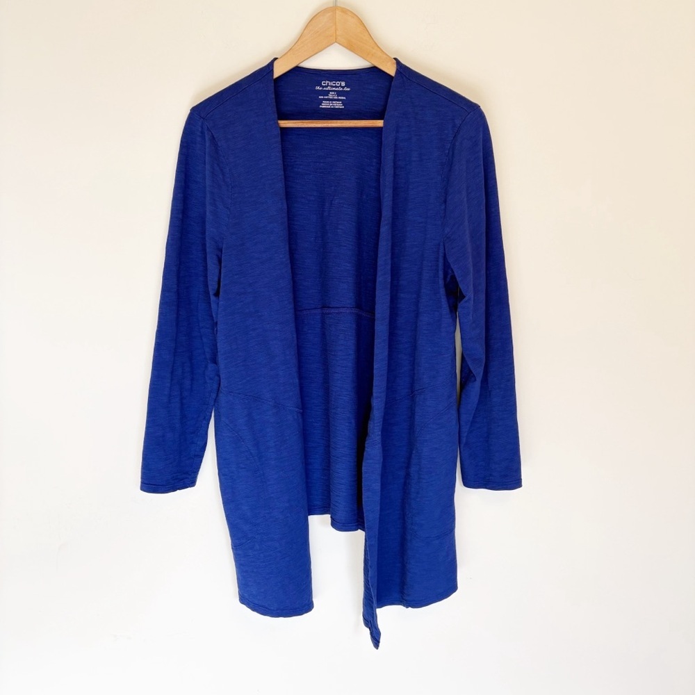 Chico's the Ultimate Tee Lightweight Cardigan Bright Blue Long Line size 2 Large